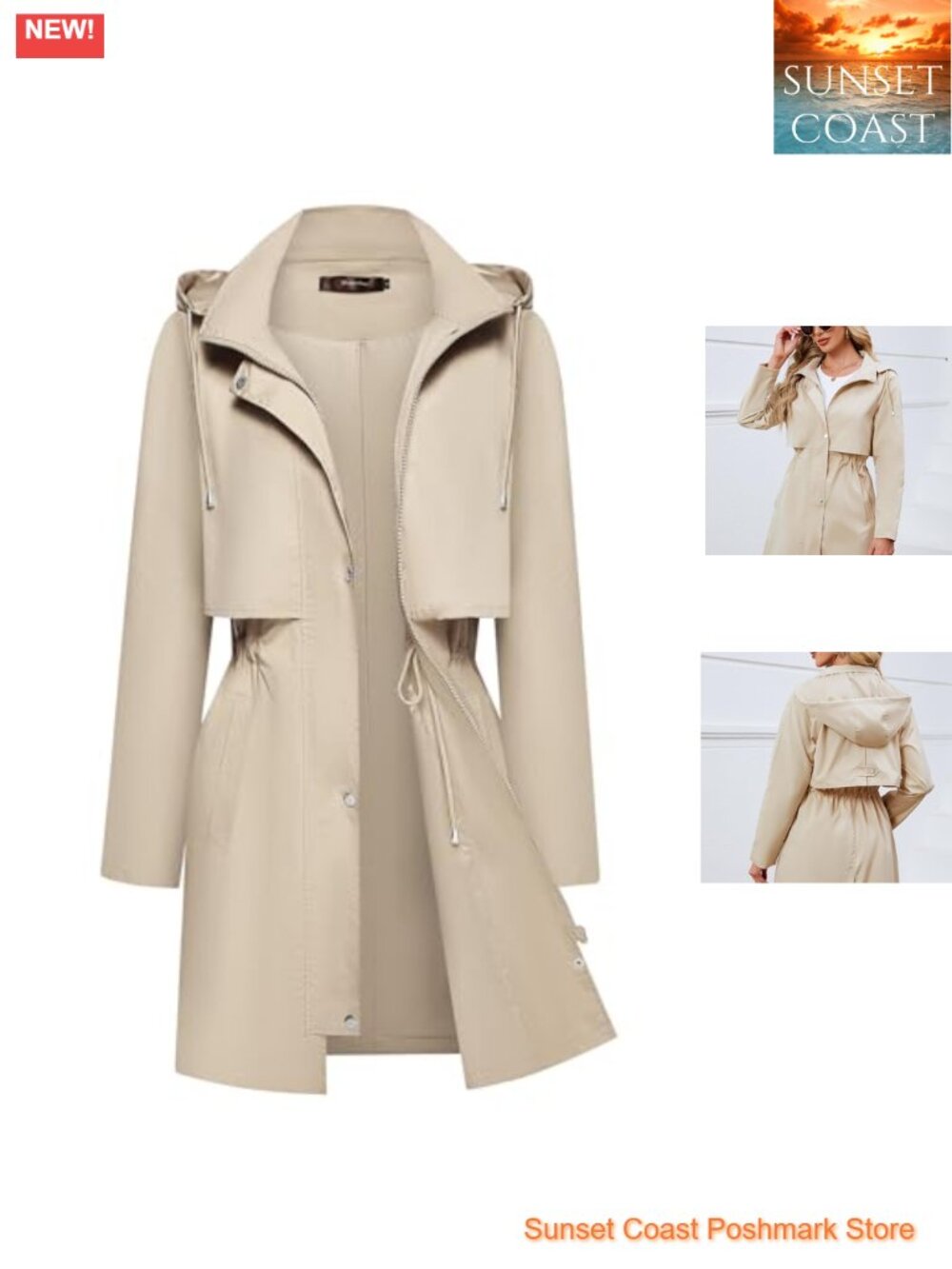Women's Lightweight Waterproof Rain Jacket Hooded Trench Raincoat